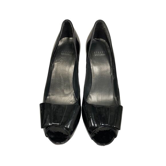 STUART WEITZMAN Black Leather Patent Bow Accent Peep Toe Block Heel Pumps 7.5 - Picture 4 of 7